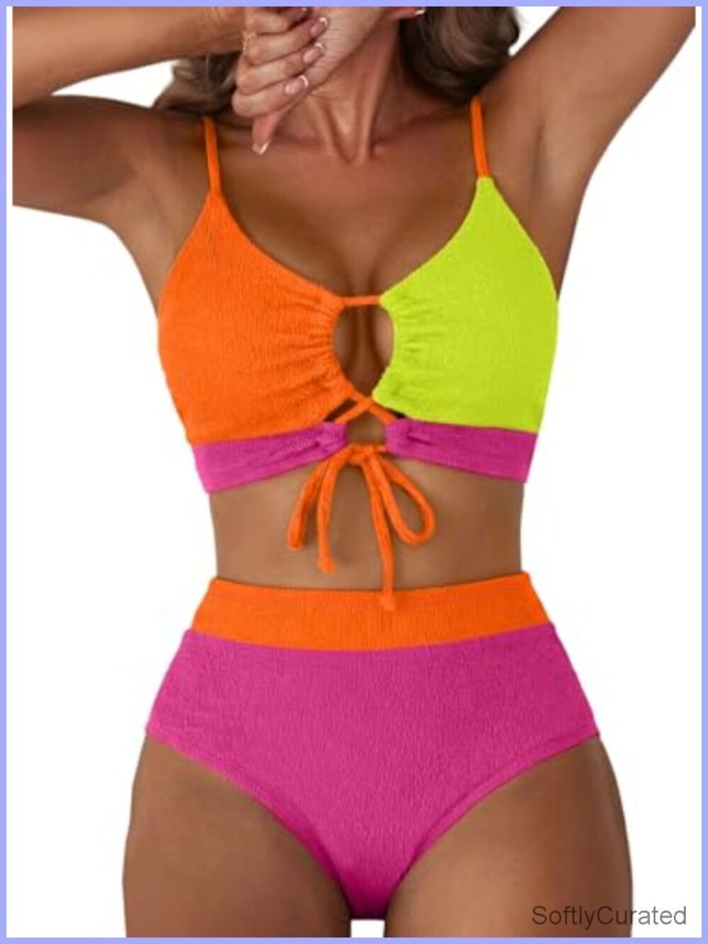 Textured High Waisted Bikini Set Tie Front Color Block Two Piece Swimsuit